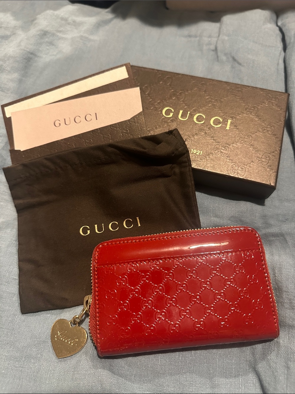 Gucci Red Patent Leather Zip Card Case with Heart Charm